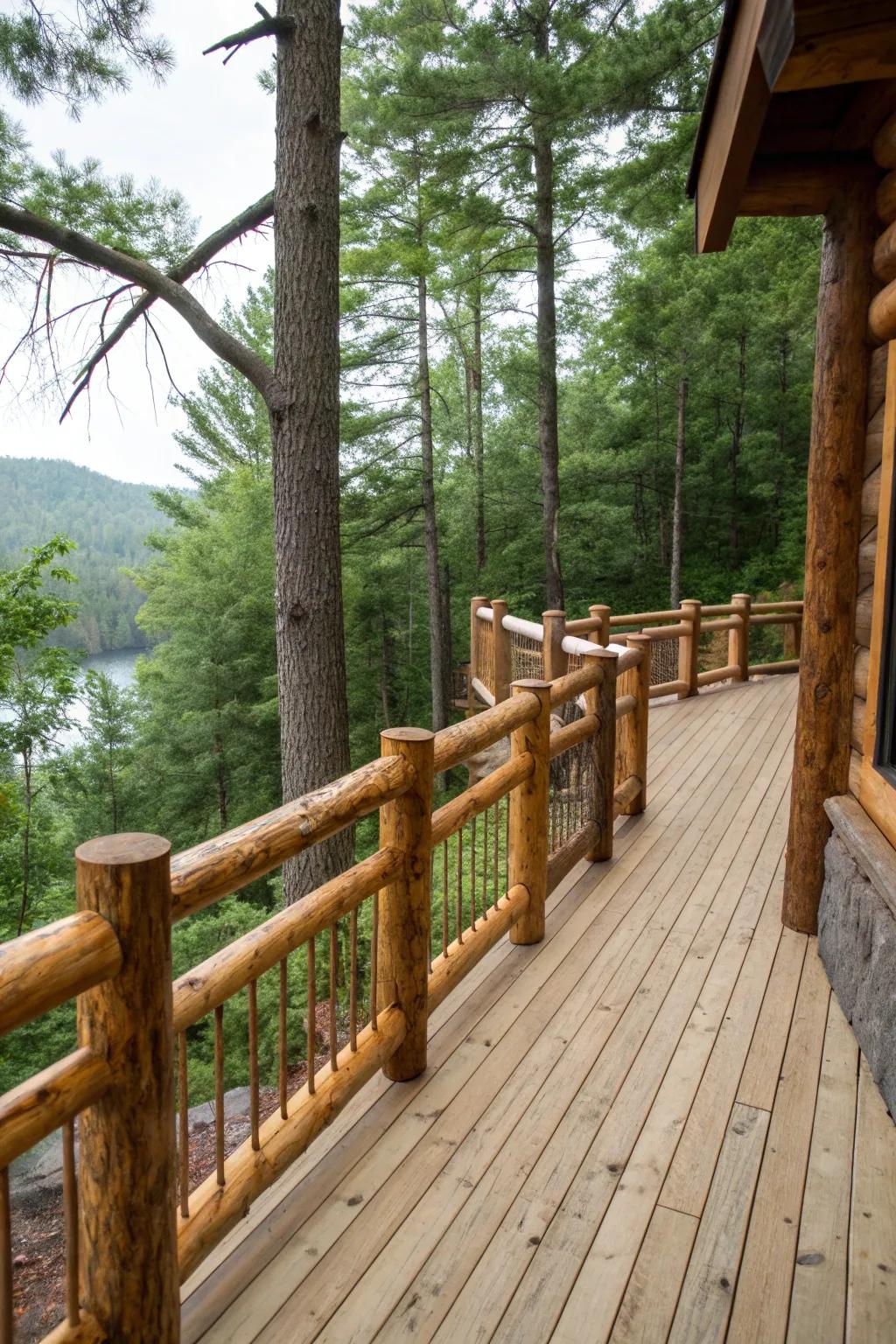Rustic log railings blending with forest surroundings.