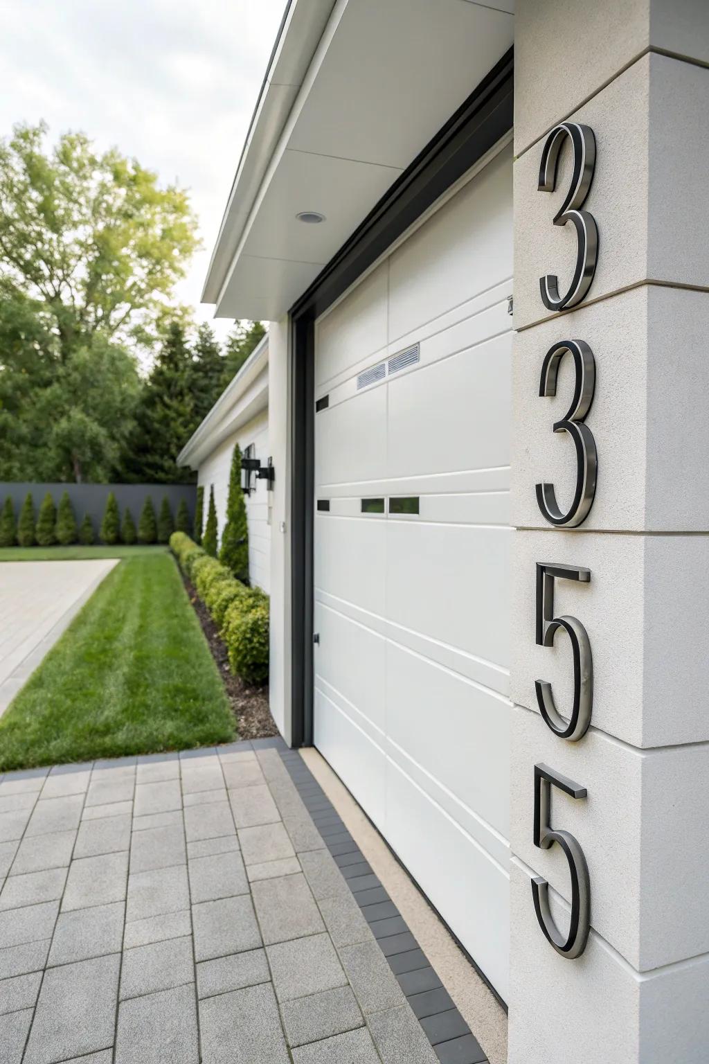 Vertical house numbers beside a modern garage.