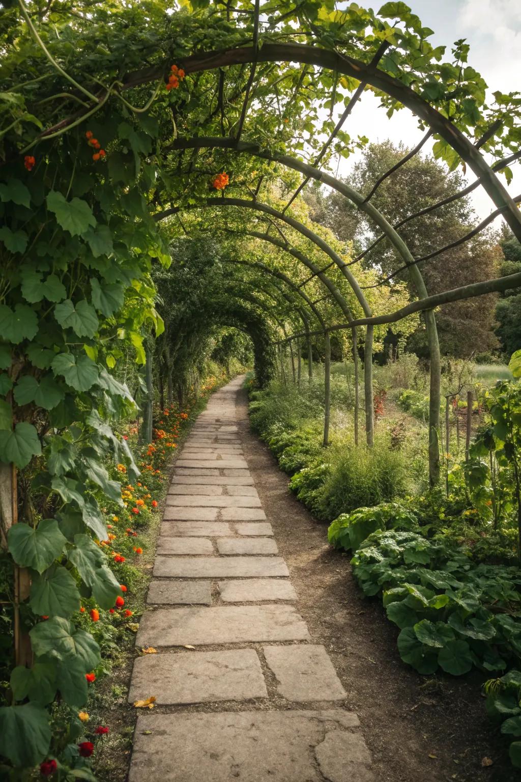 Trellis arches create a stunning and practical garden feature.