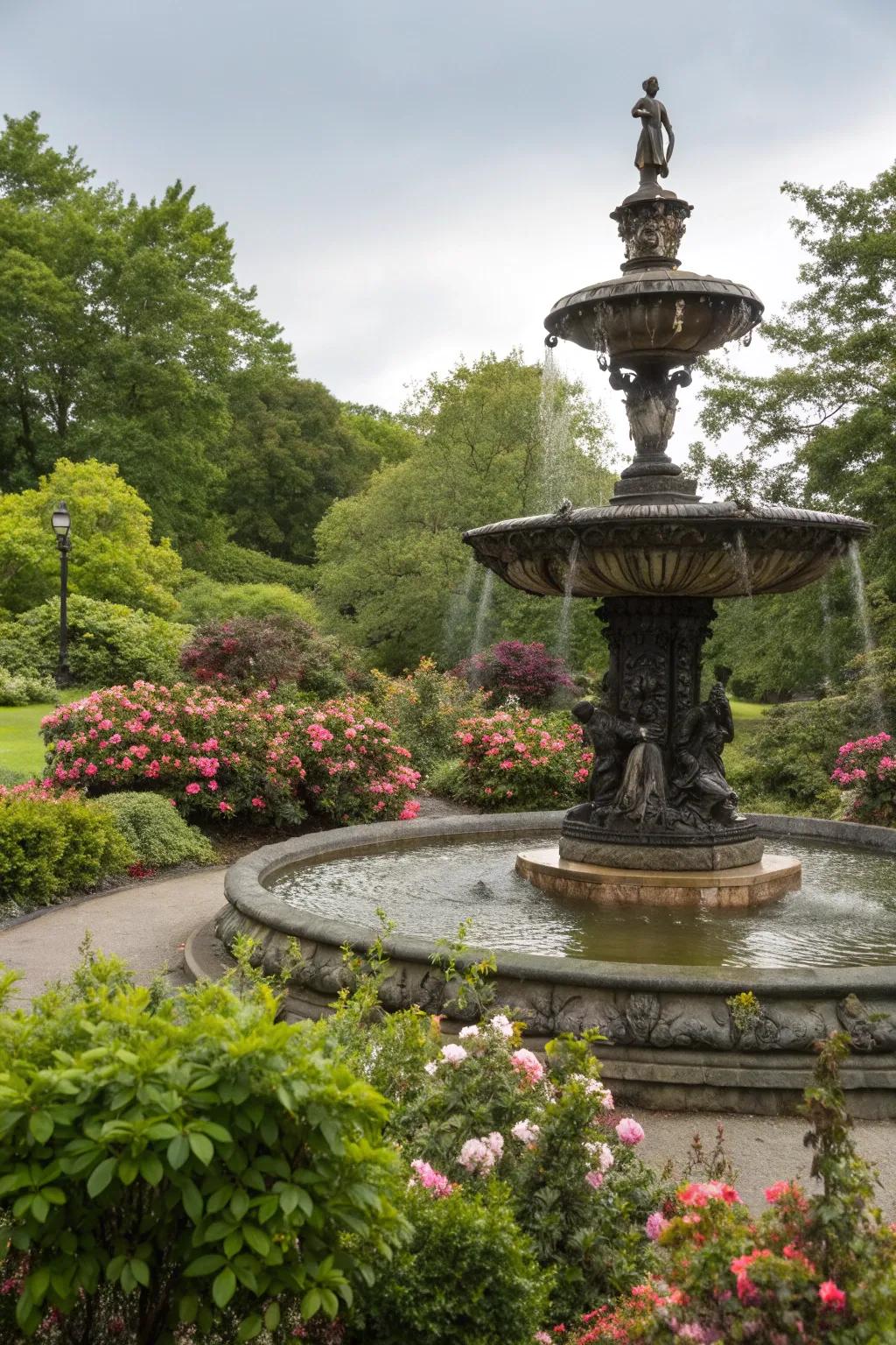 A soothing water feature becomes the garden's focal point.