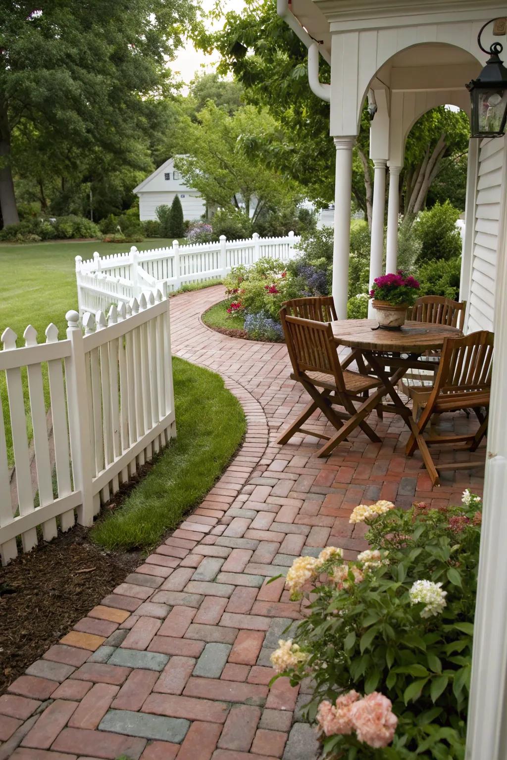 Brick pathways add a classic touch to this Victorian patio.