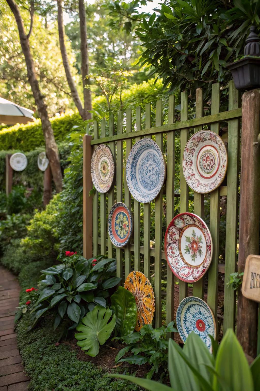 Decorative plates artfully displayed on a garden fence, adding a whimsical touch.