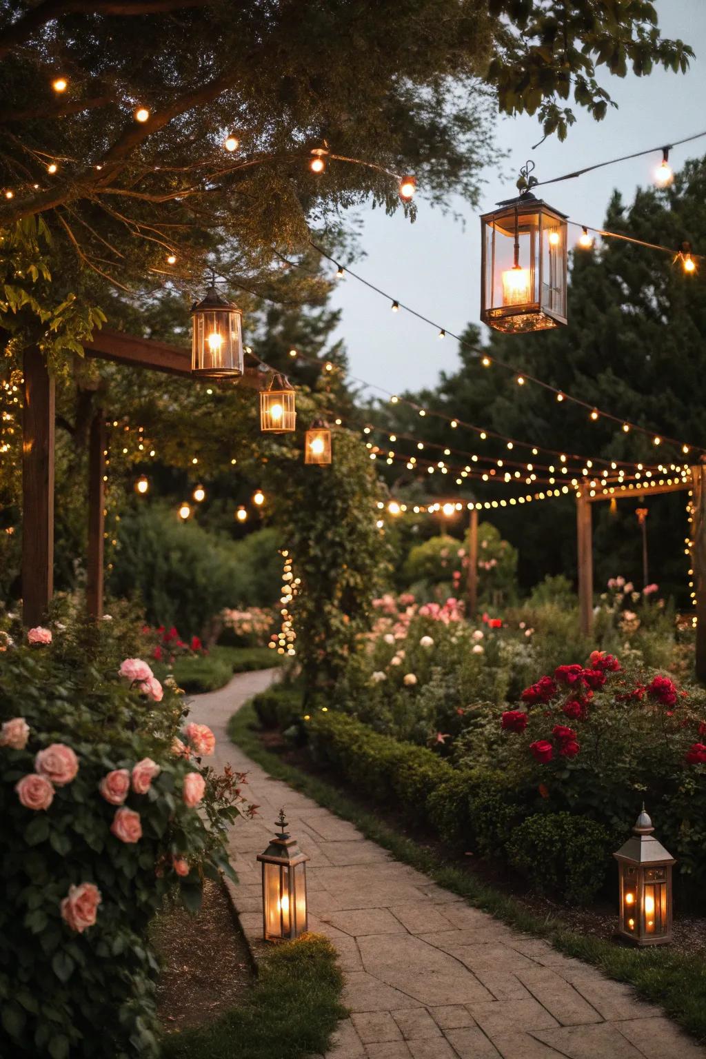 String lights and lanterns add a magical glow to your evening garden party.