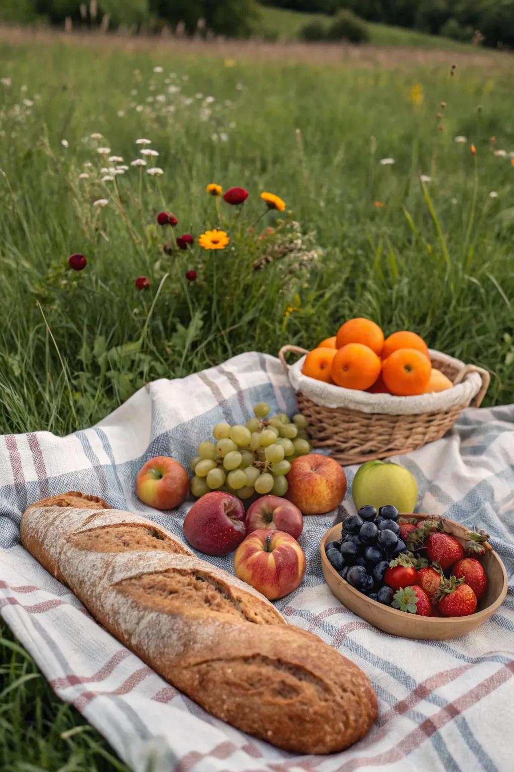 Fresh fruits and bread create a delightful and simple picnic spread.