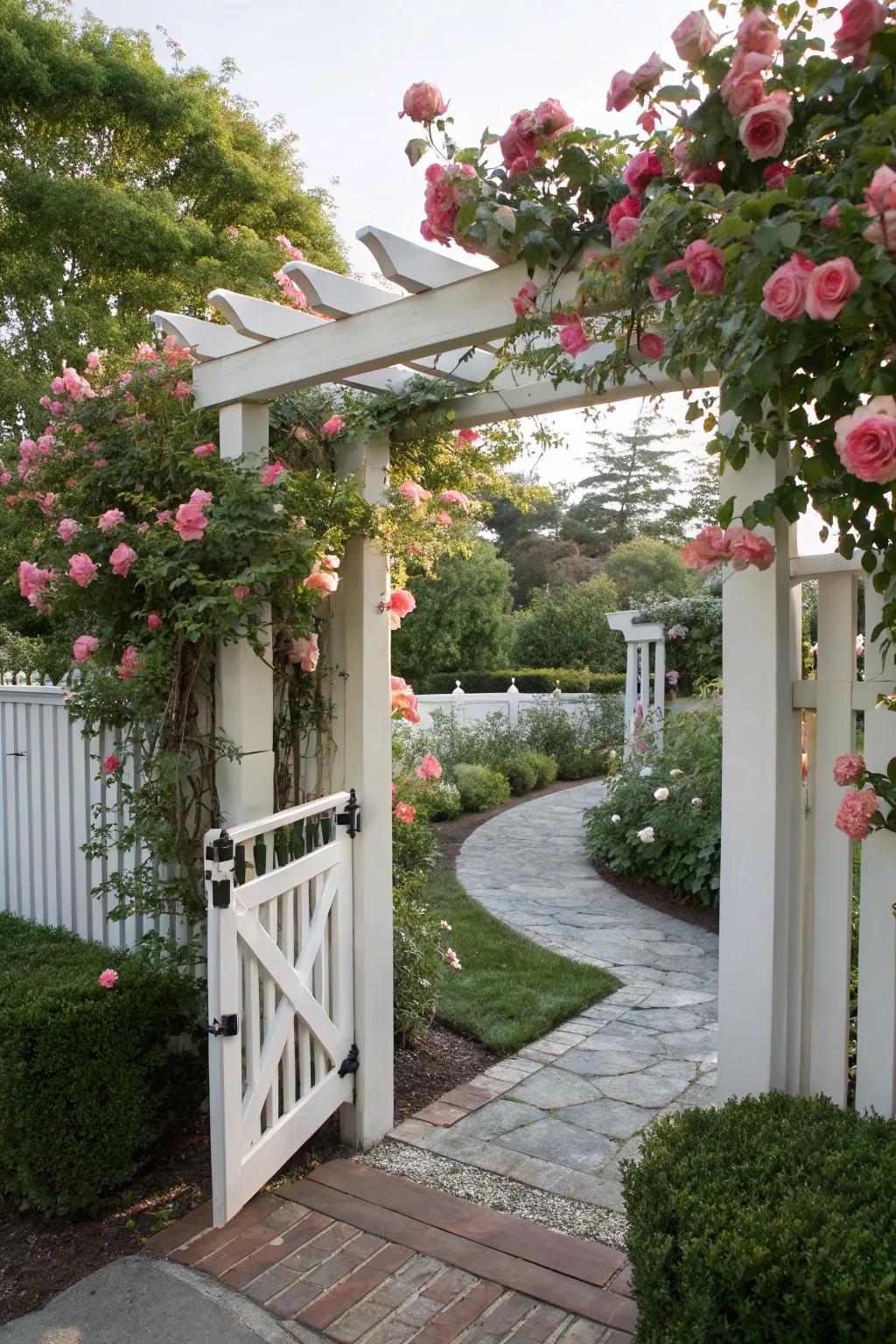 Create a stunning entrance with a pergola-style vinyl gate.