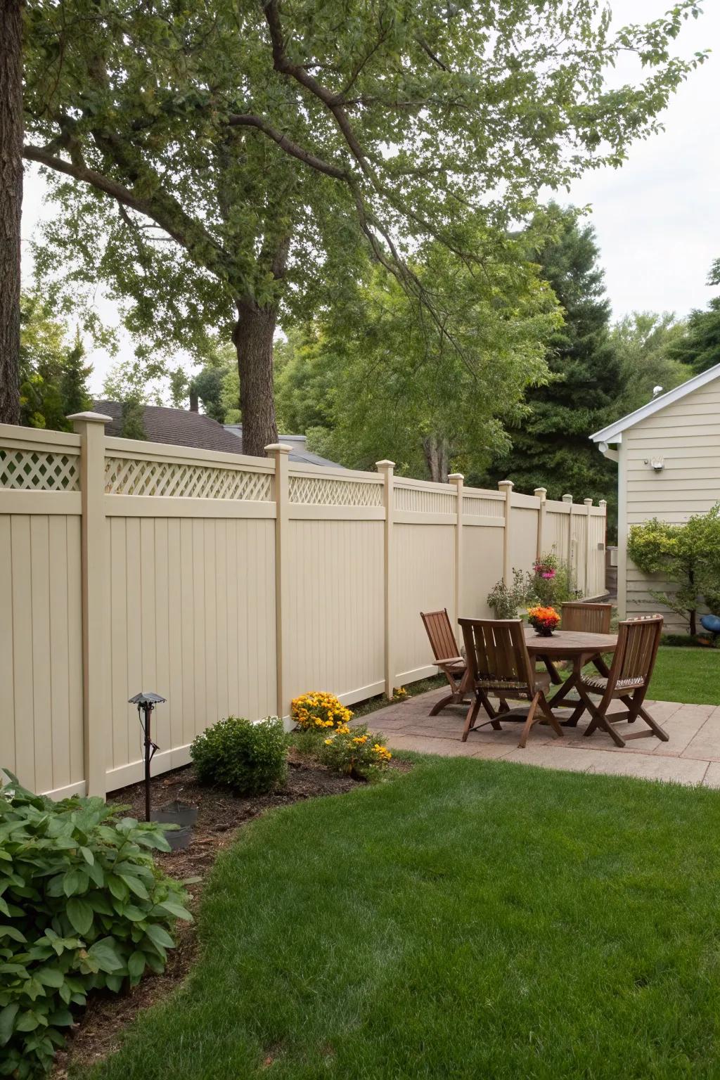 Vertical panels in this vinyl fence ensure complete privacy for a tranquil backyard retreat.