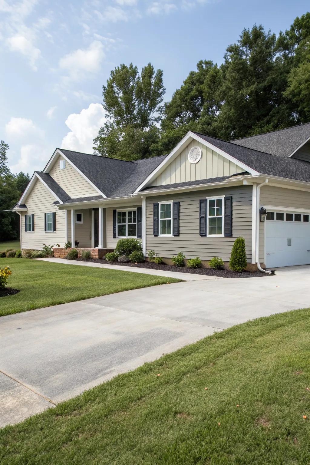 A charming ranch home with vinyl siding, highlighted by contrasting trims and shutters.