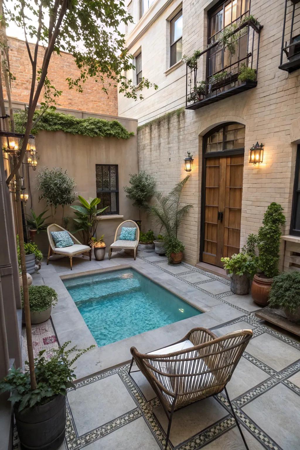 A compact wading pool serves as a refreshing centerpiece in this cozy courtyard.
