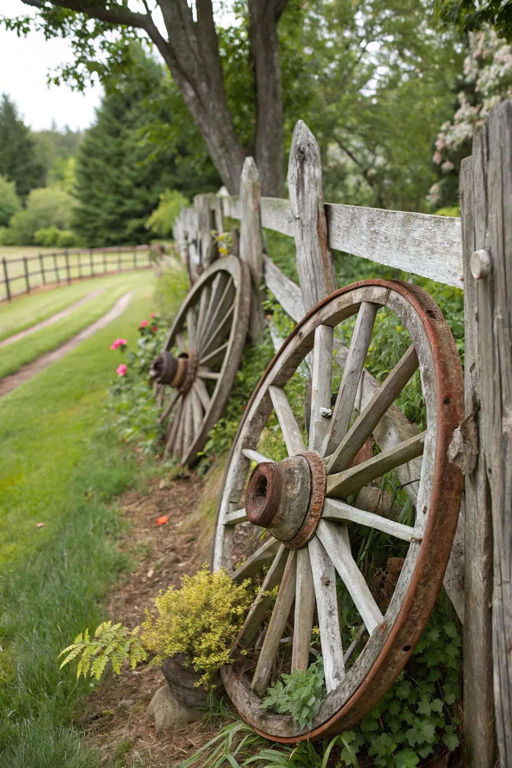 Vintage charm with weathered wagon wheels adding character to a rustic fence.