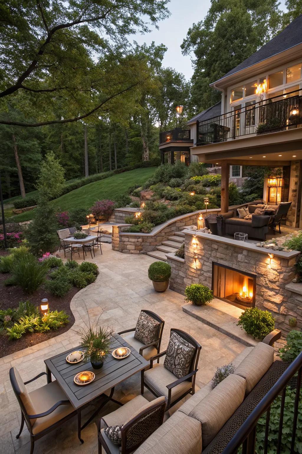 A multi-level design adds depth and interest to a walkout basement patio.