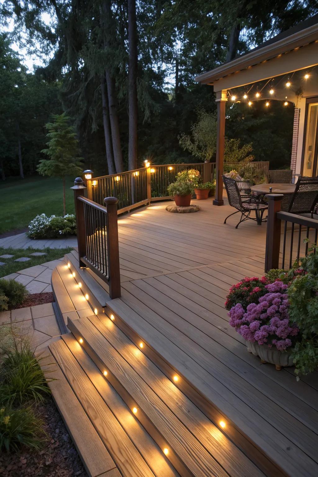 A deck with integrated LED lighting and warm ambiance.