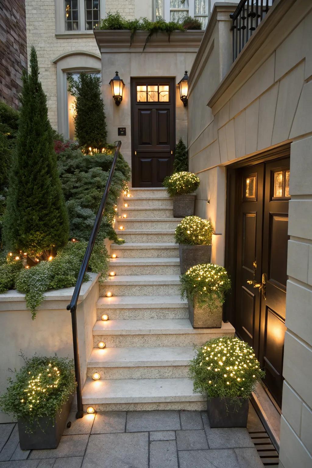 A stylish stairway enhances the entrance to the basement.