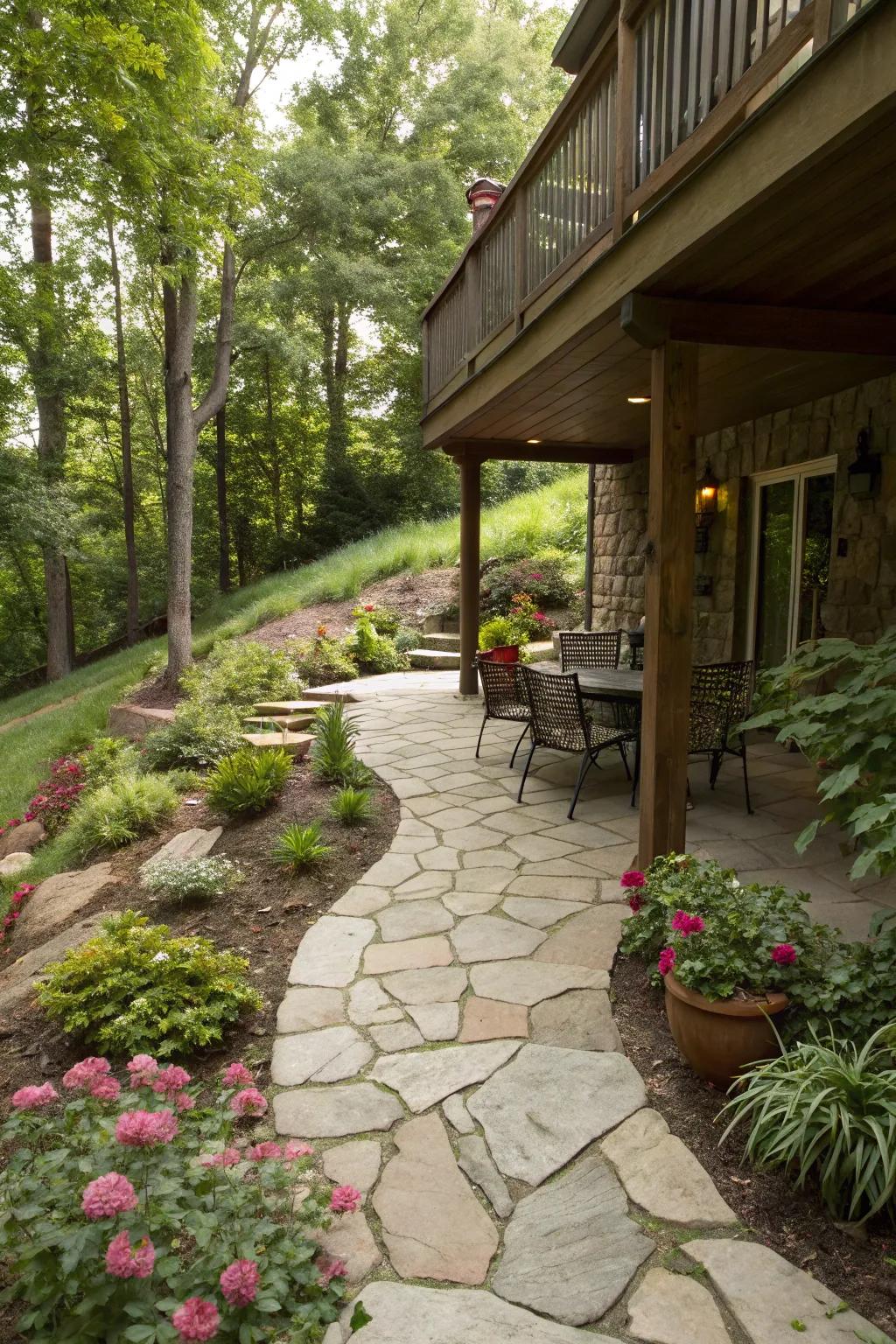 A stone pathway adds a rustic elegance to any patio.