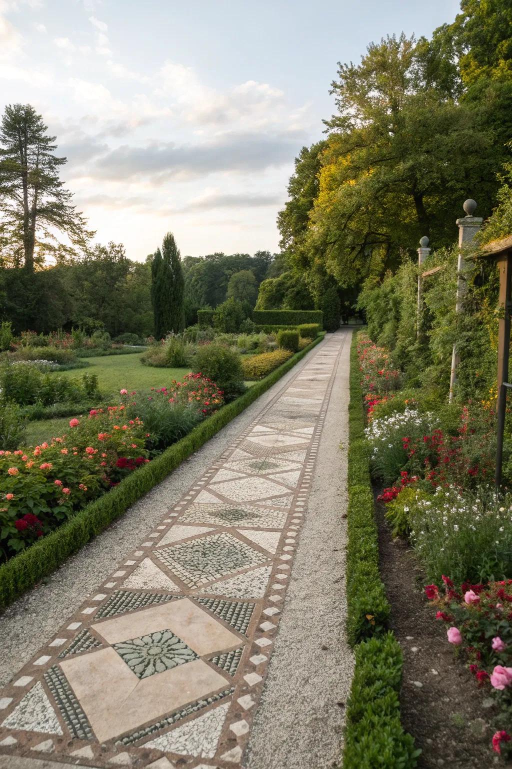 Geometric patterns add a creative touch to this gravel path.