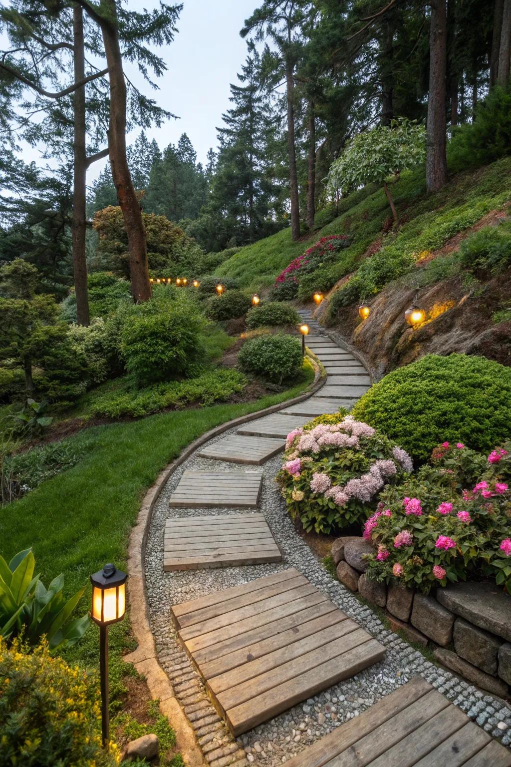 Mixed materials create a textured and visually intriguing pathway.