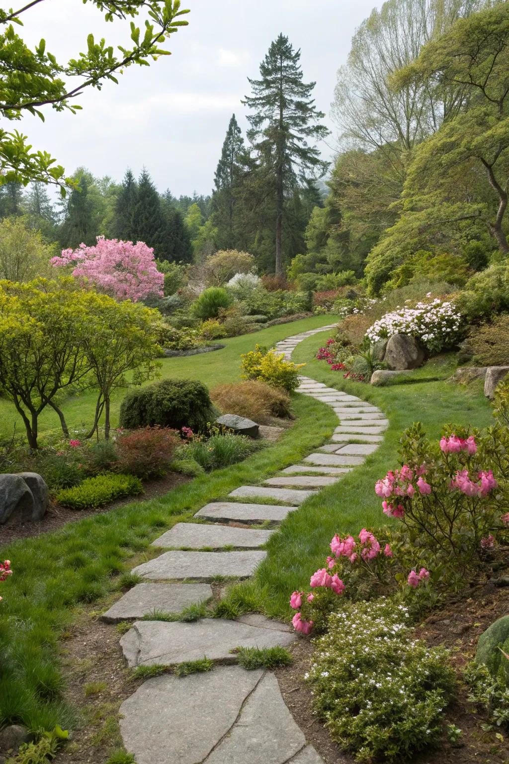 Winding garden path blending with nature