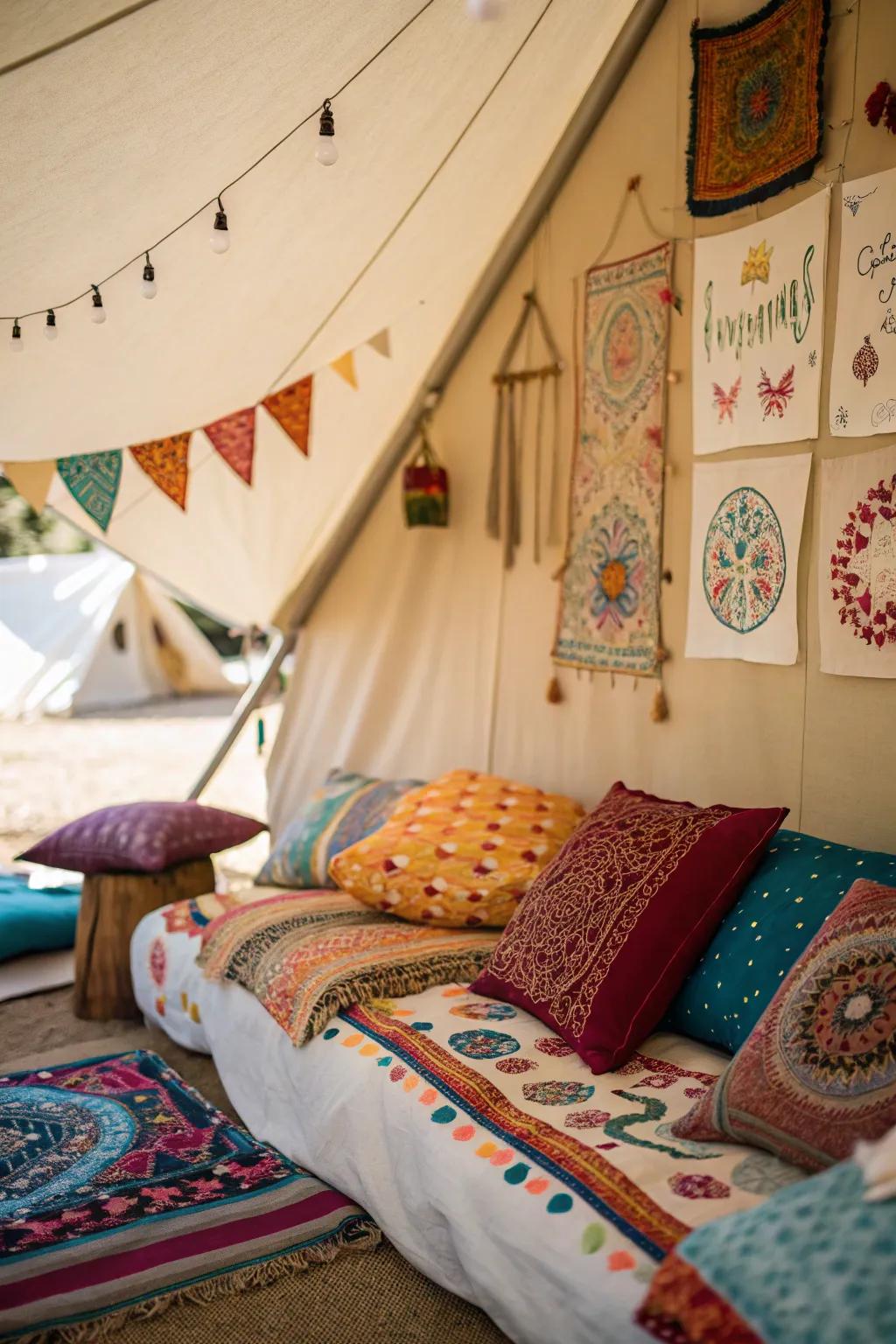 A personalized wall tent interior with colorful cushions and wall art.