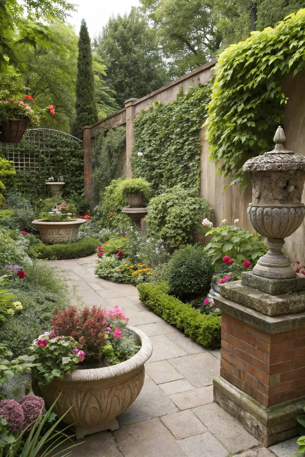 Artful touches adding character to a walled garden.