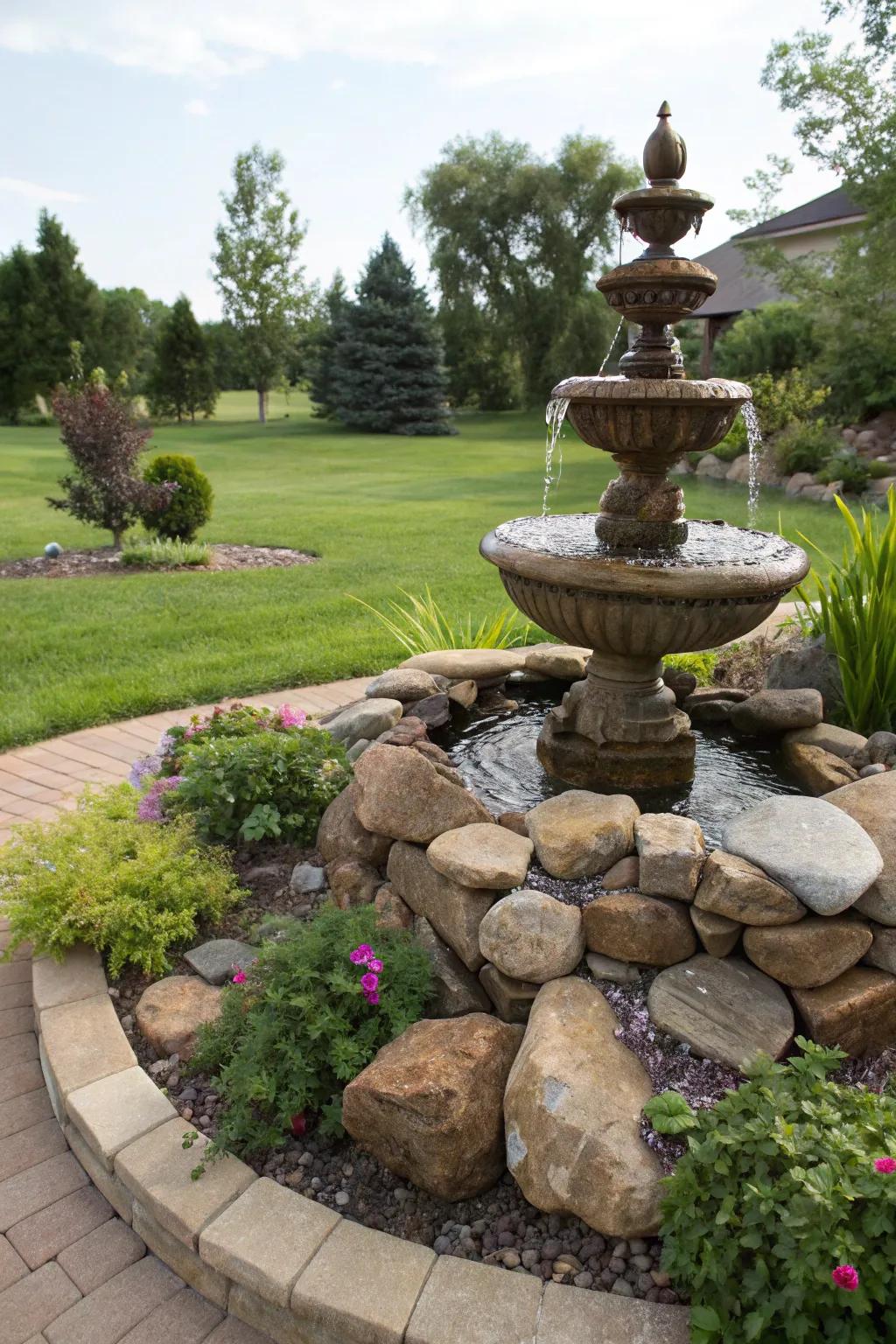An artistic rock fountain becomes a stunning centerpiece in any garden.