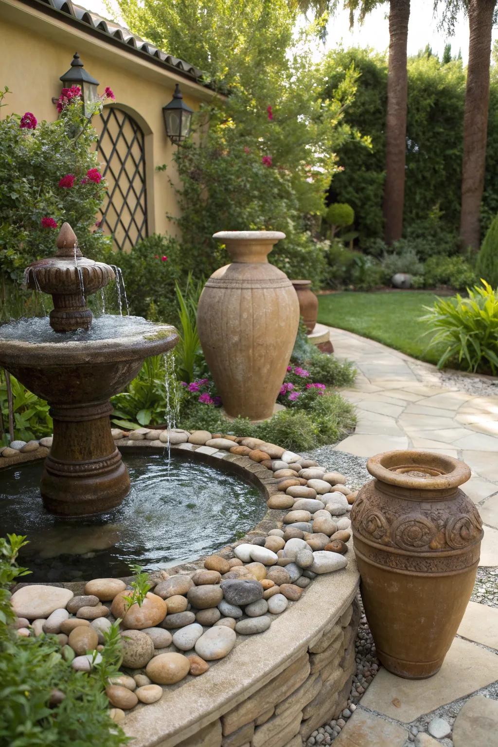 Decorative elements add a personal touch to a garden water feature.
