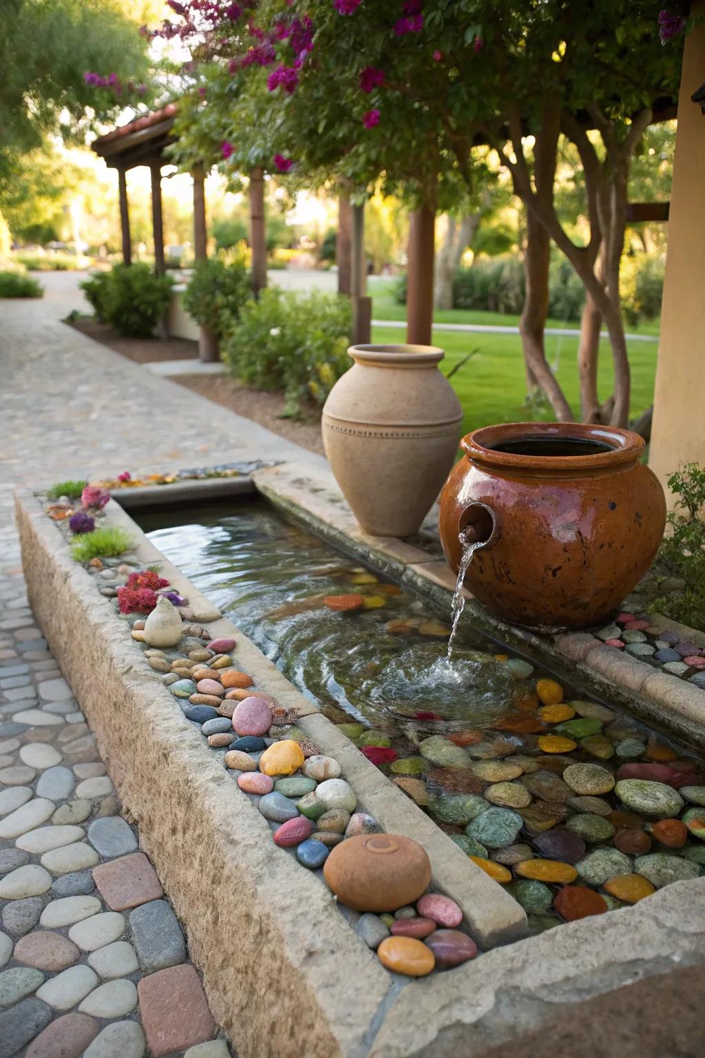 Decorative stones adding charm to a trough fountain.