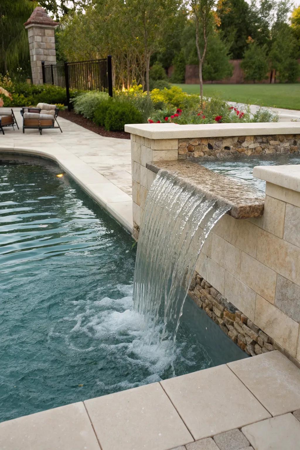 A poolside spillway that elevates the elegance of the swimming area.