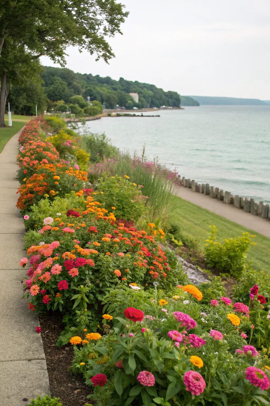 Colorful garden borders filled with vibrant blooms.
