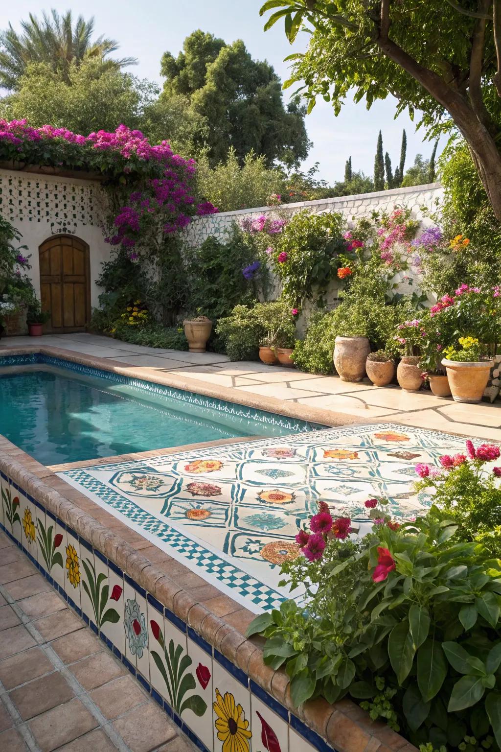 Floral motifs bring a touch of garden beauty to your pool.