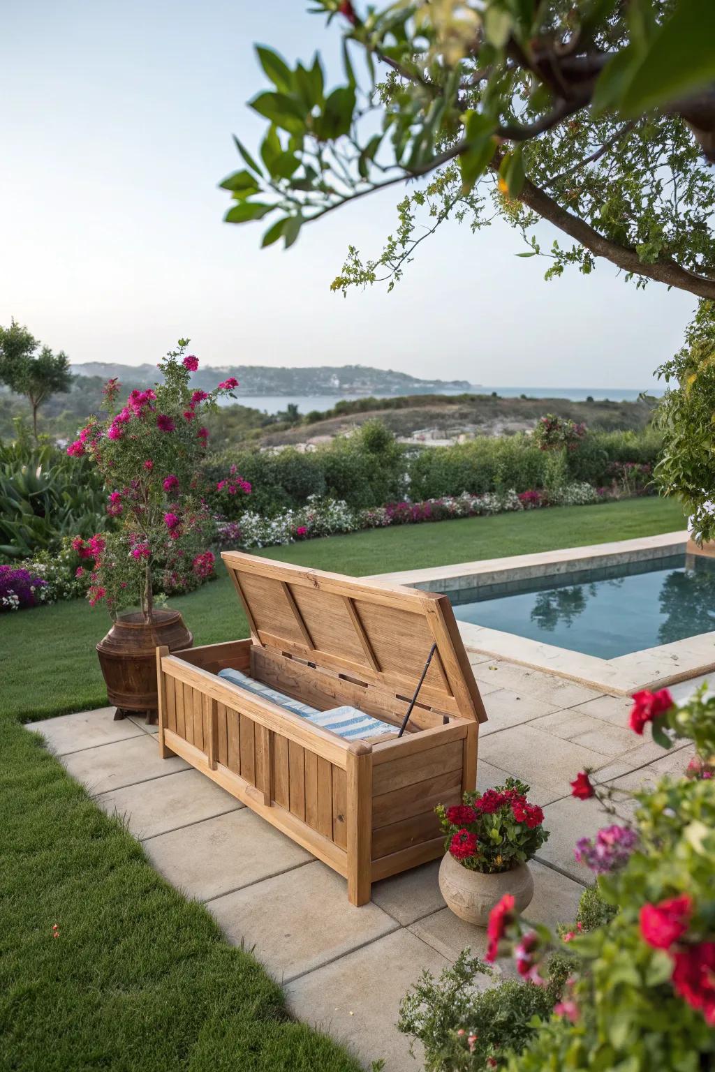 Charming wooden bench offering dual functionality.