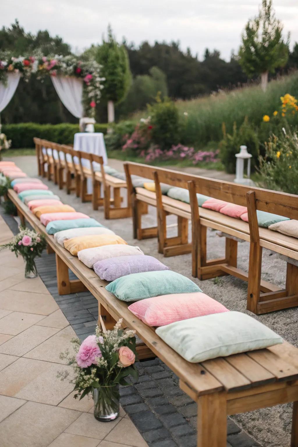 Cushions add comfort and style to wedding benches.