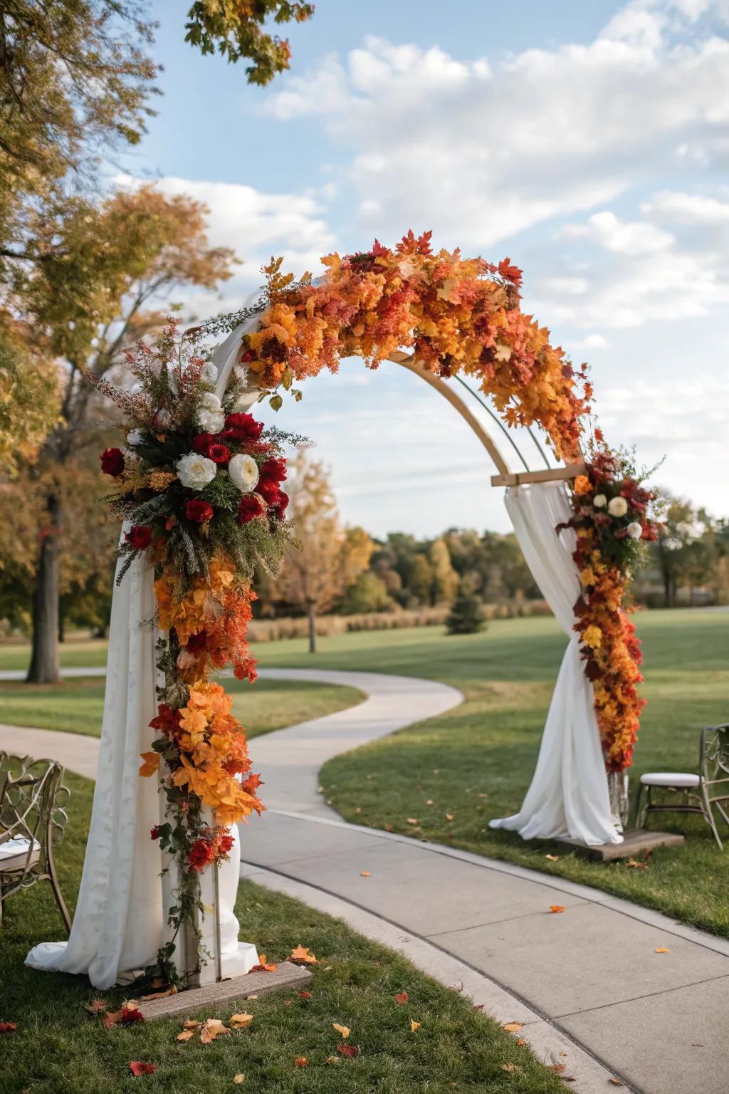 A seasonal arch celebrating autumn's beauty with vibrant leaves and flowers.