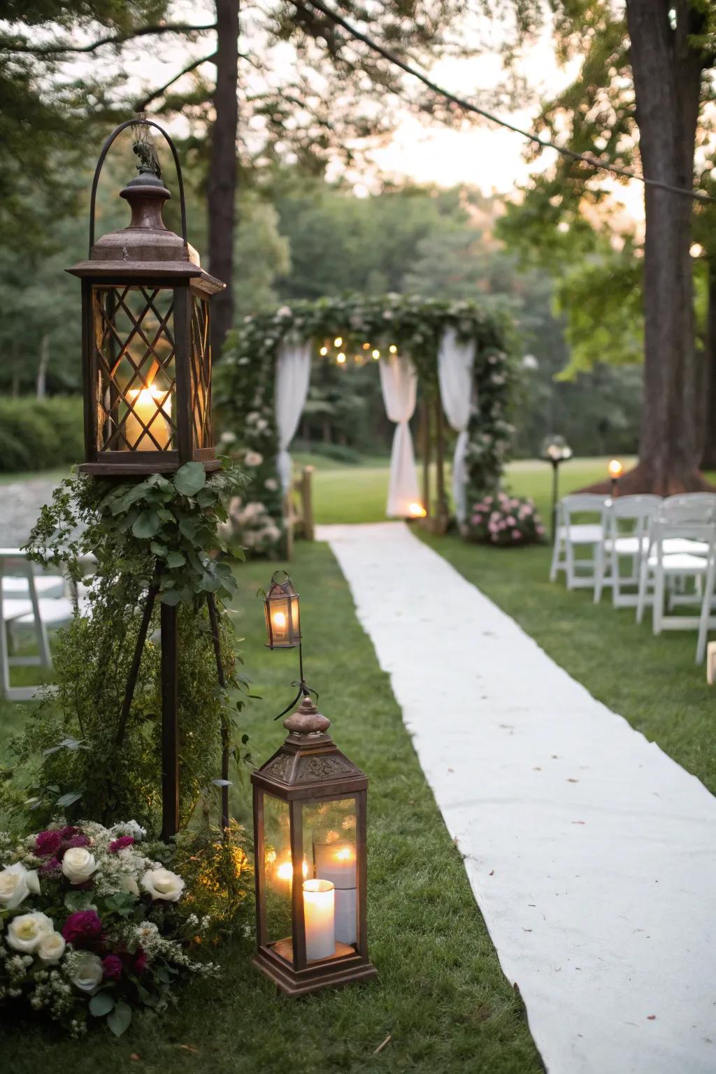 Vintage lanterns add a whimsical touch to the garden.