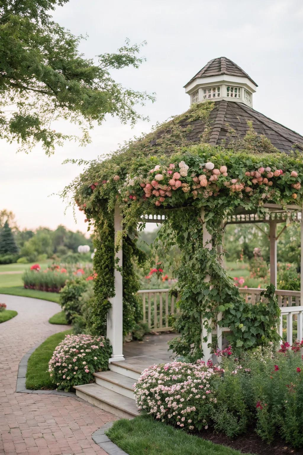 This gazebo becomes a garden oasis with lush greenery.