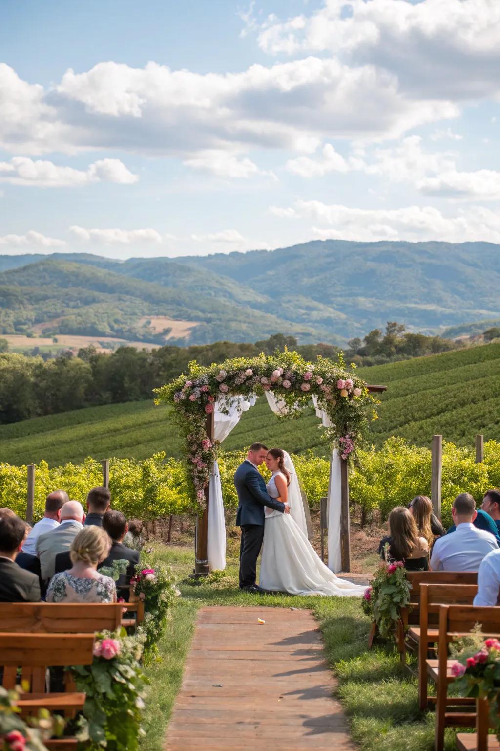 A vineyard wedding ceremony with rolling hills