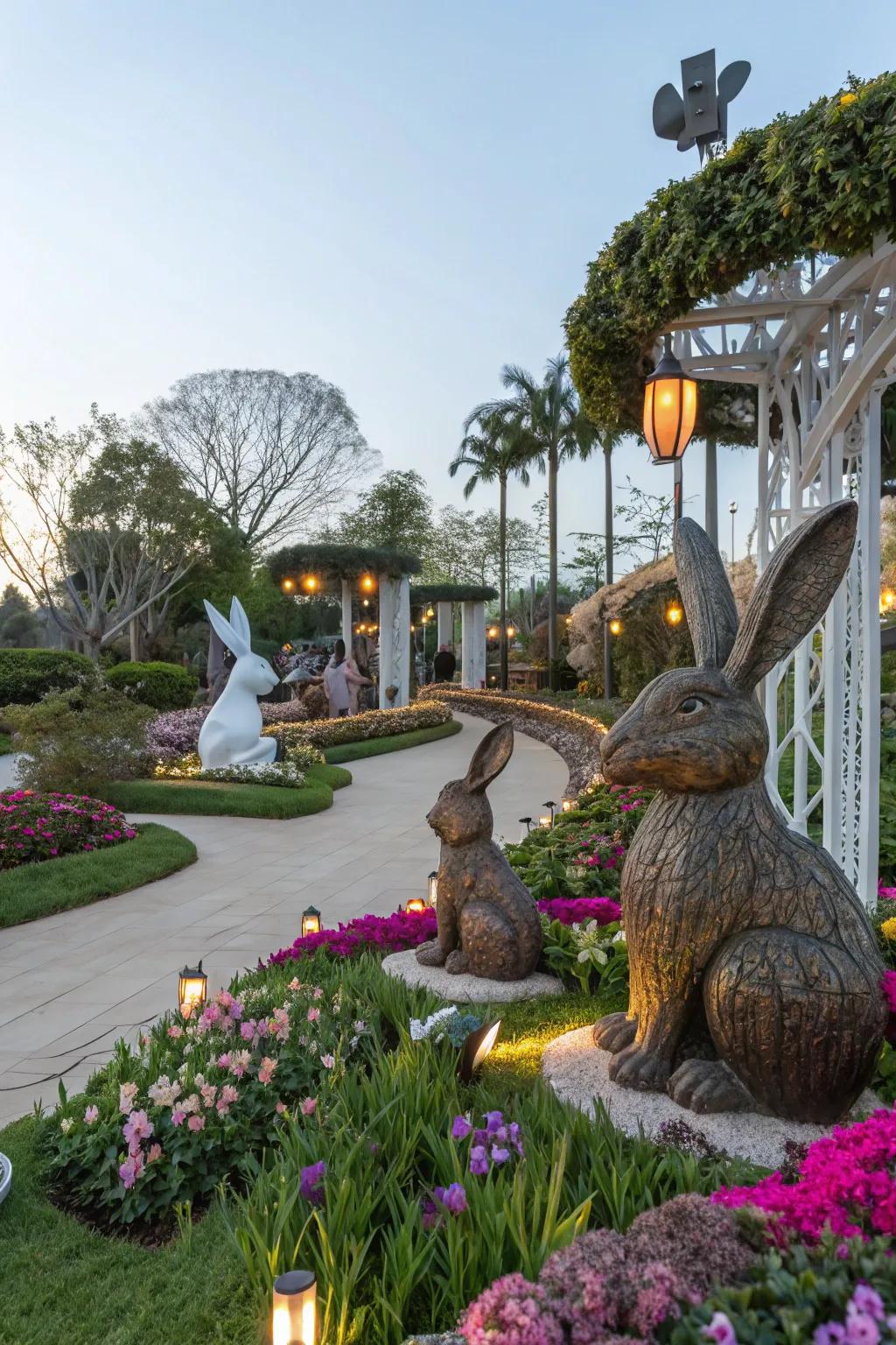 A themed display of metal rabbits tells a story.