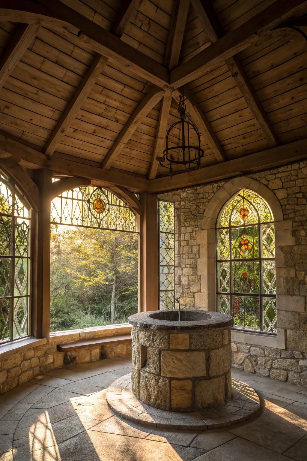 Decorative windows bring light and warmth to this well house.