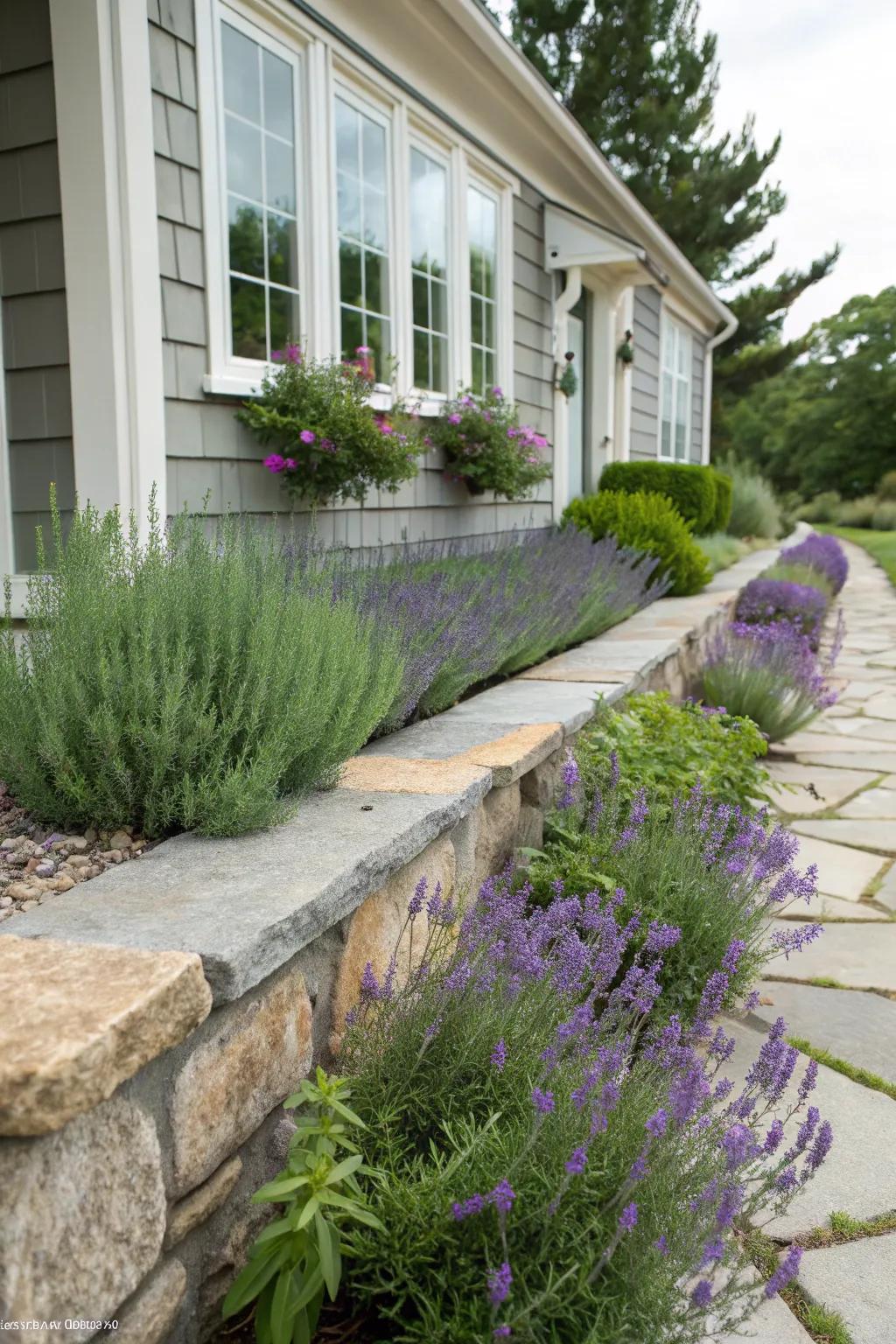 Herbs add fragrance and utility to foundation plantings.