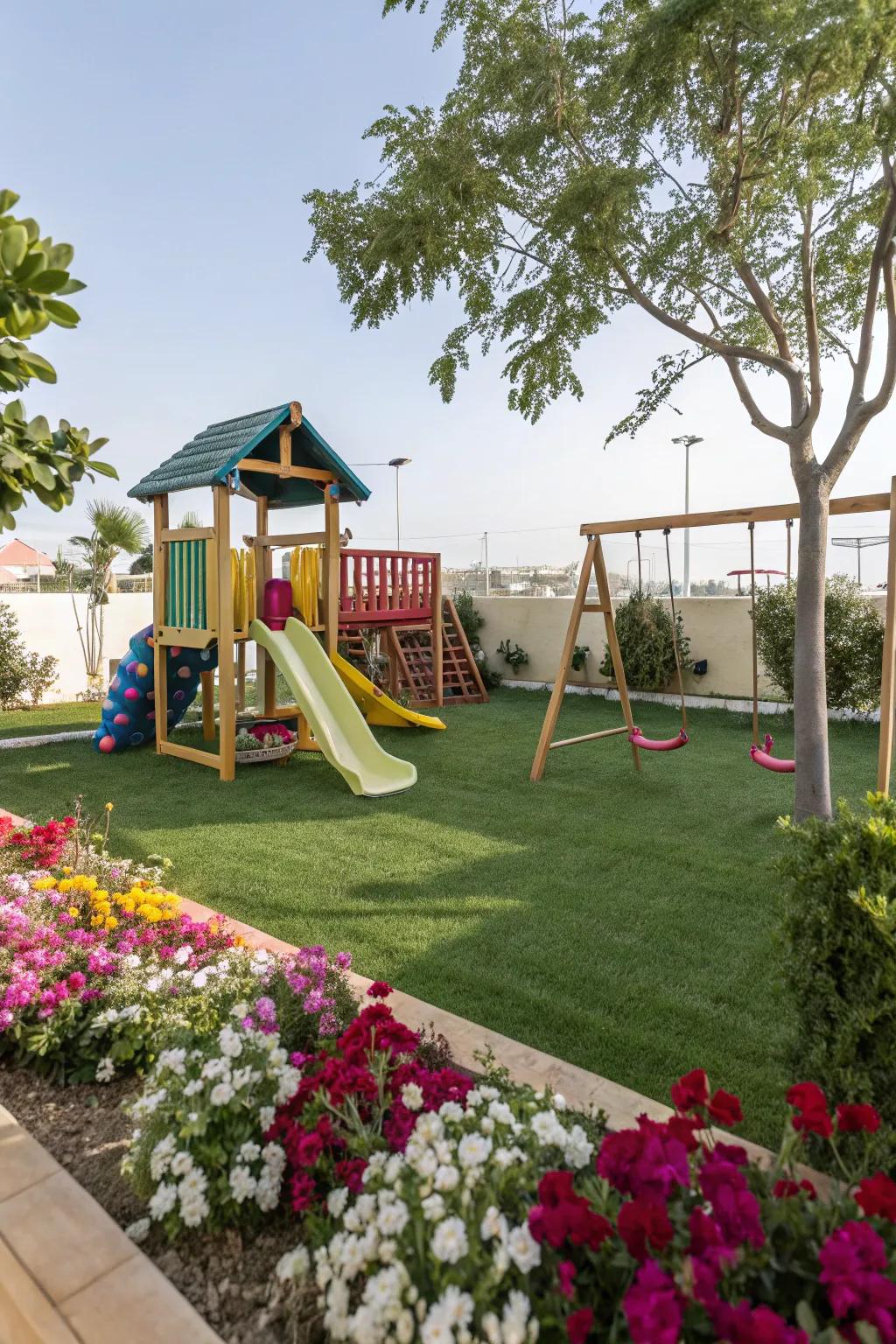 Artificial turf offers a pristine and low-maintenance play area.