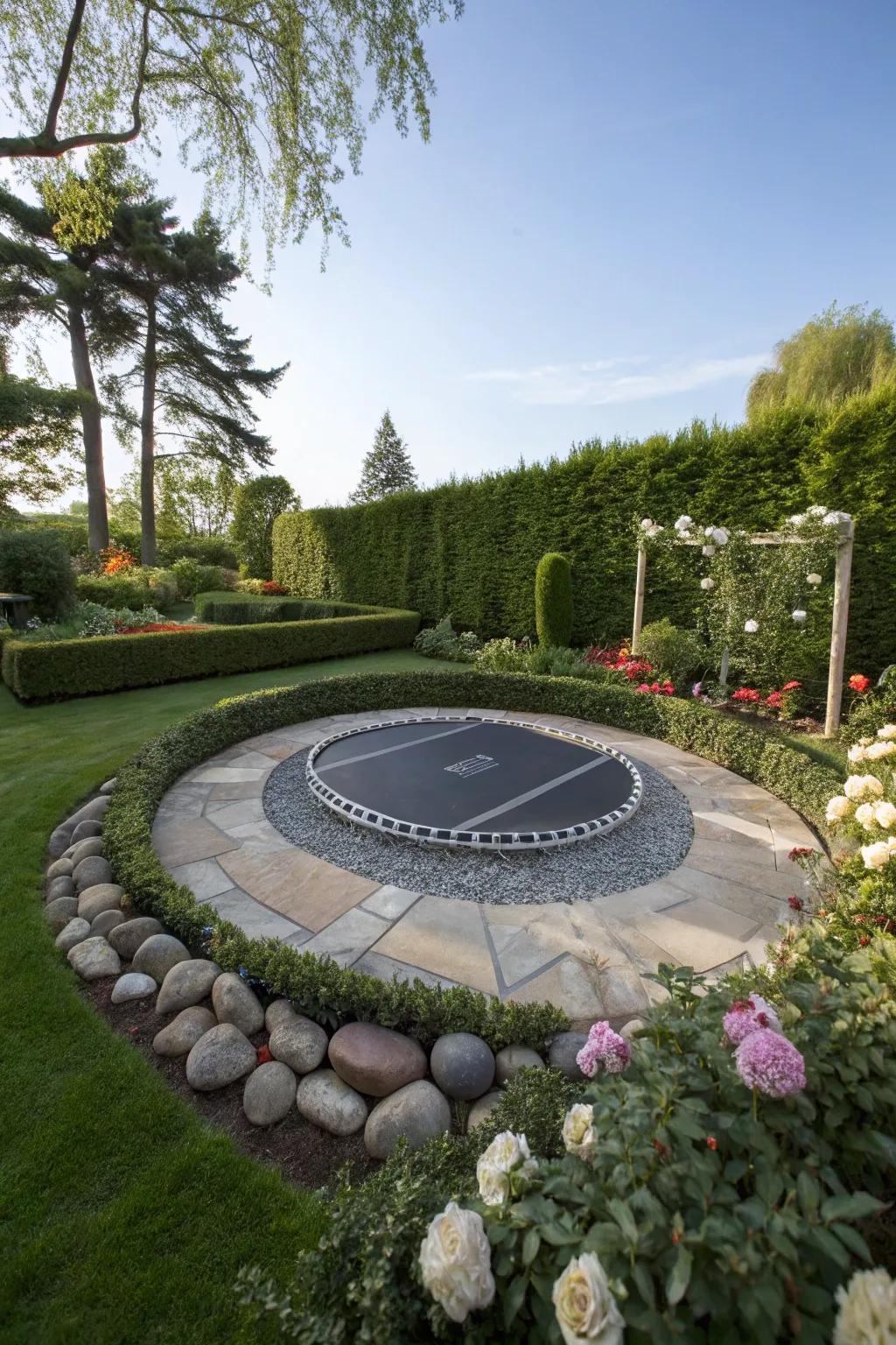 Decorative stones bring style and elegance to the trampoline space.