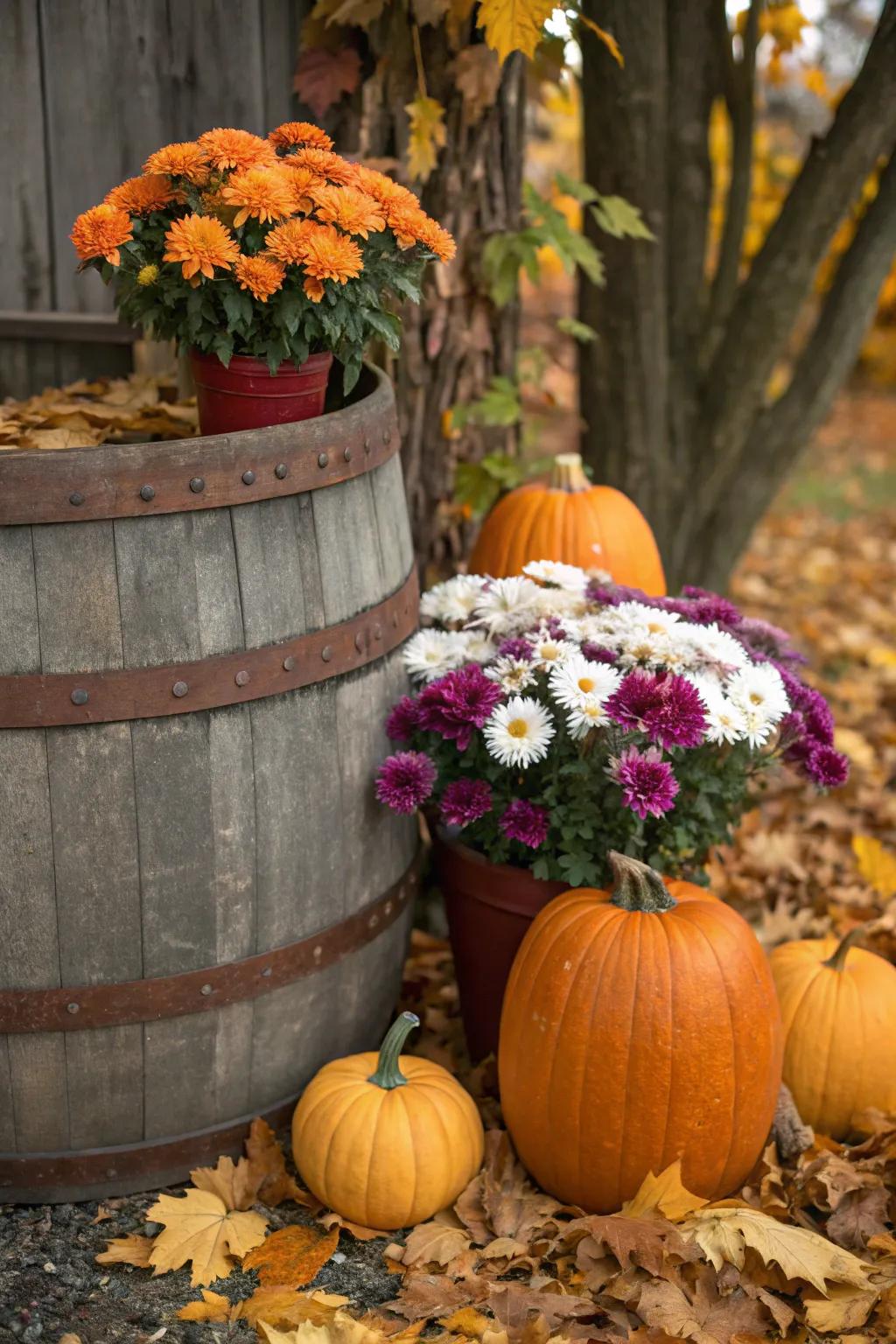 Celebrate the seasons with themed whiskey barrel displays.