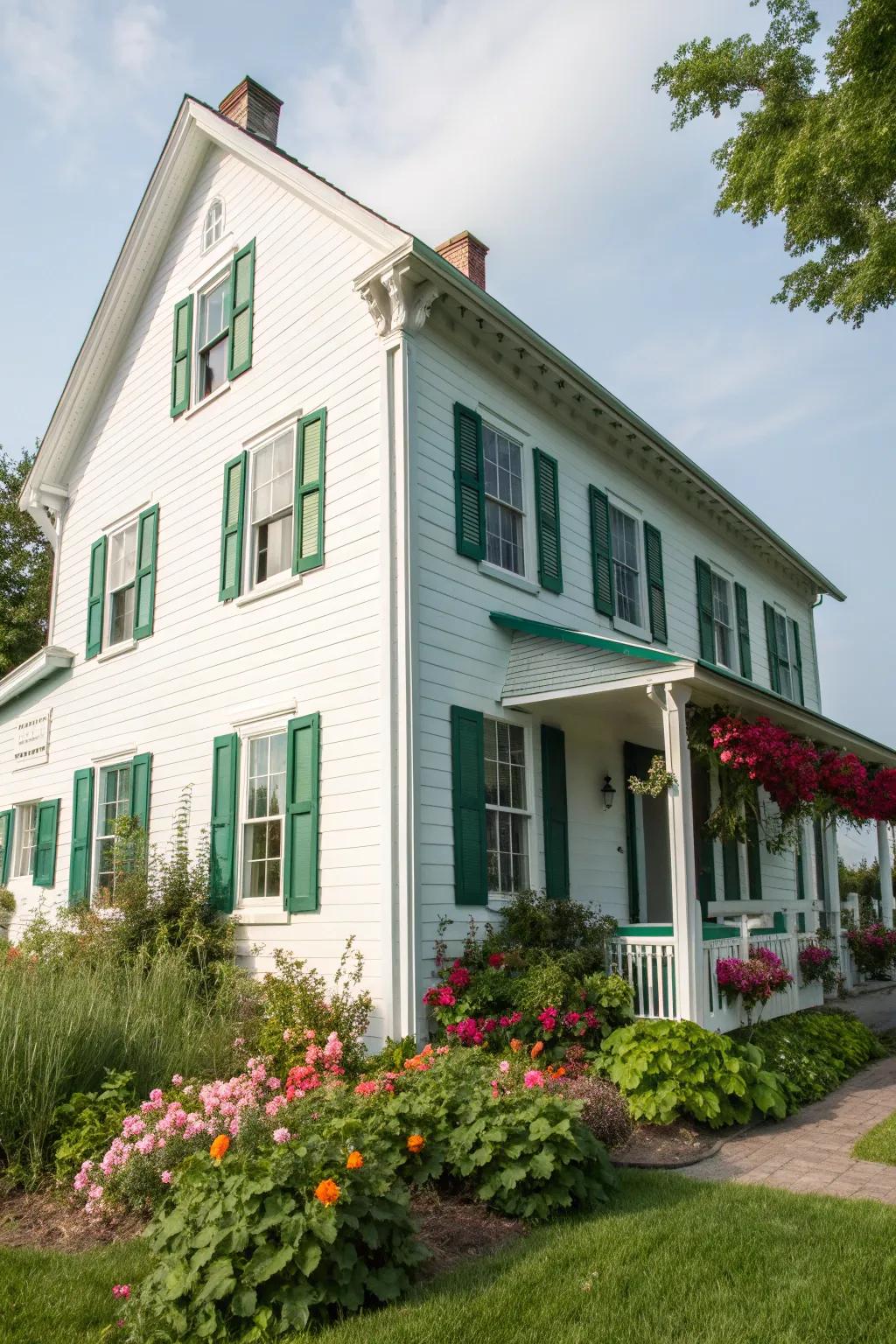 A classic white farmhouse exterior complemented by lush greenery.