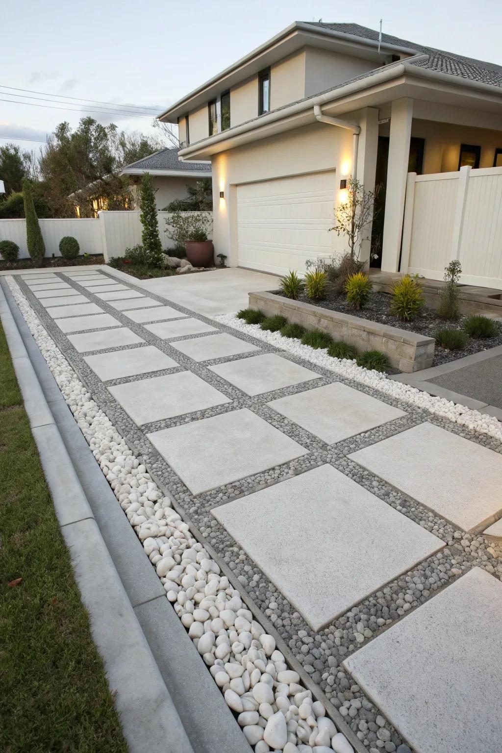 Modern driveway with artistic geometric patterns.