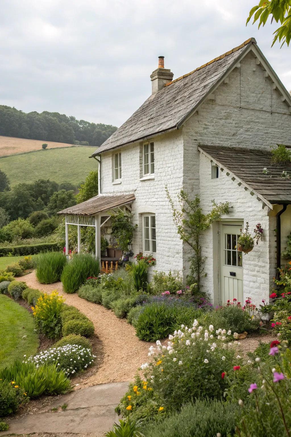 A white brick home with a limewash finish, fusing classic charm with modern elegance.