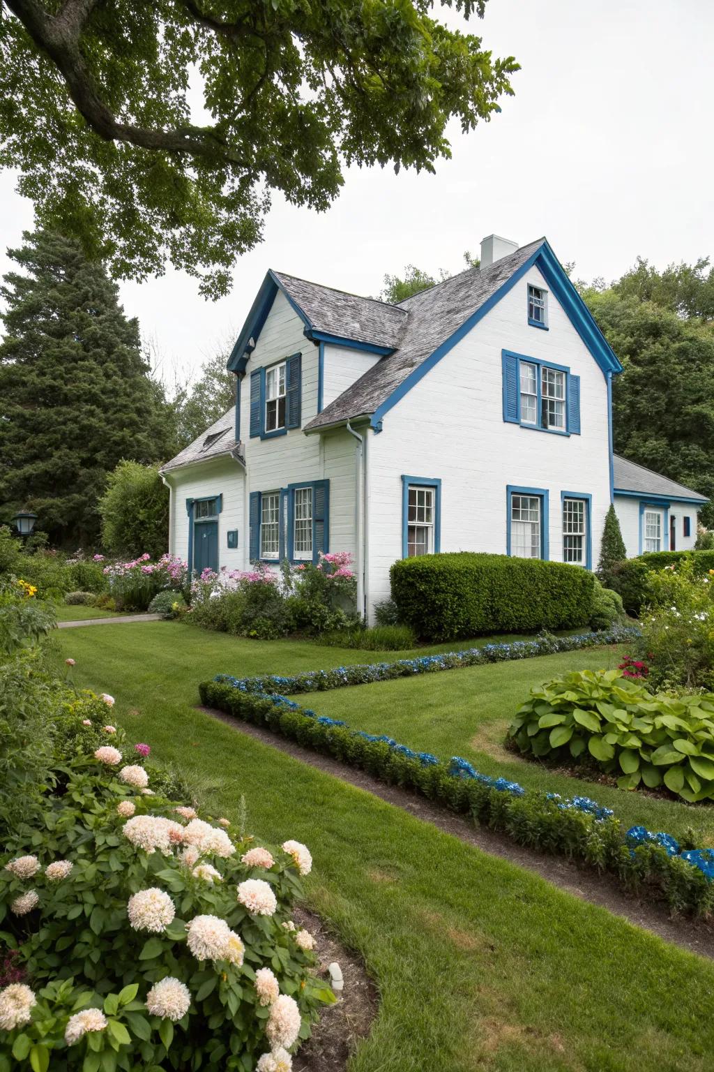 Bold trim colors add a striking contrast to a white-painted house.