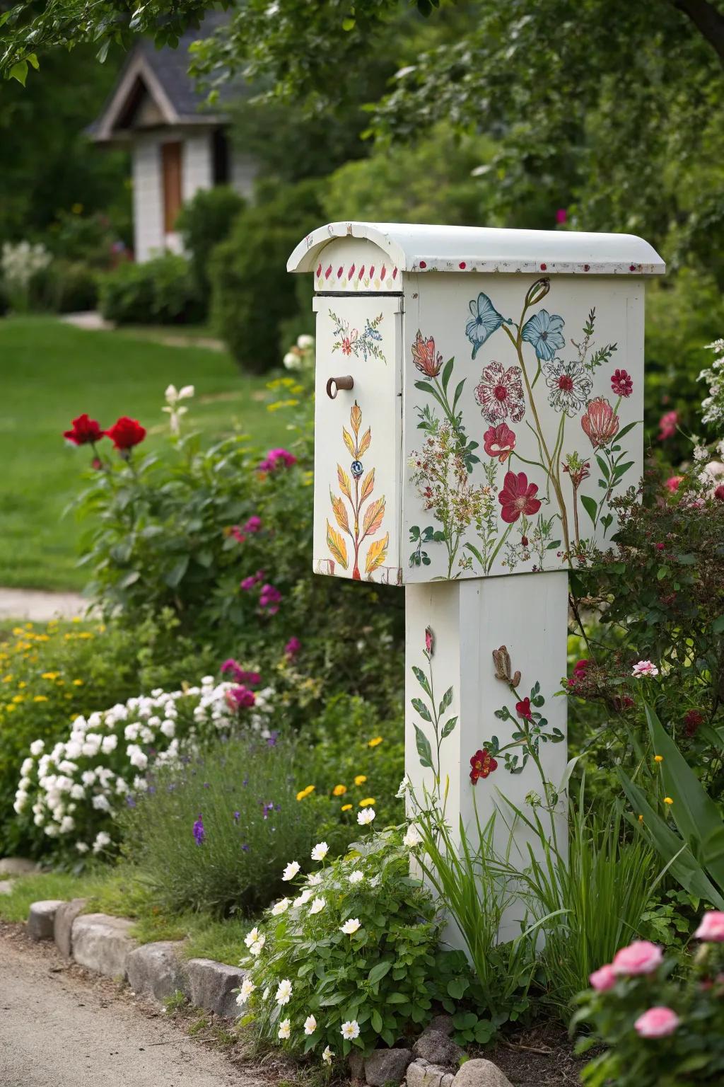 A white mailbox becomes a canvas for artistic expression with hand-painted designs.