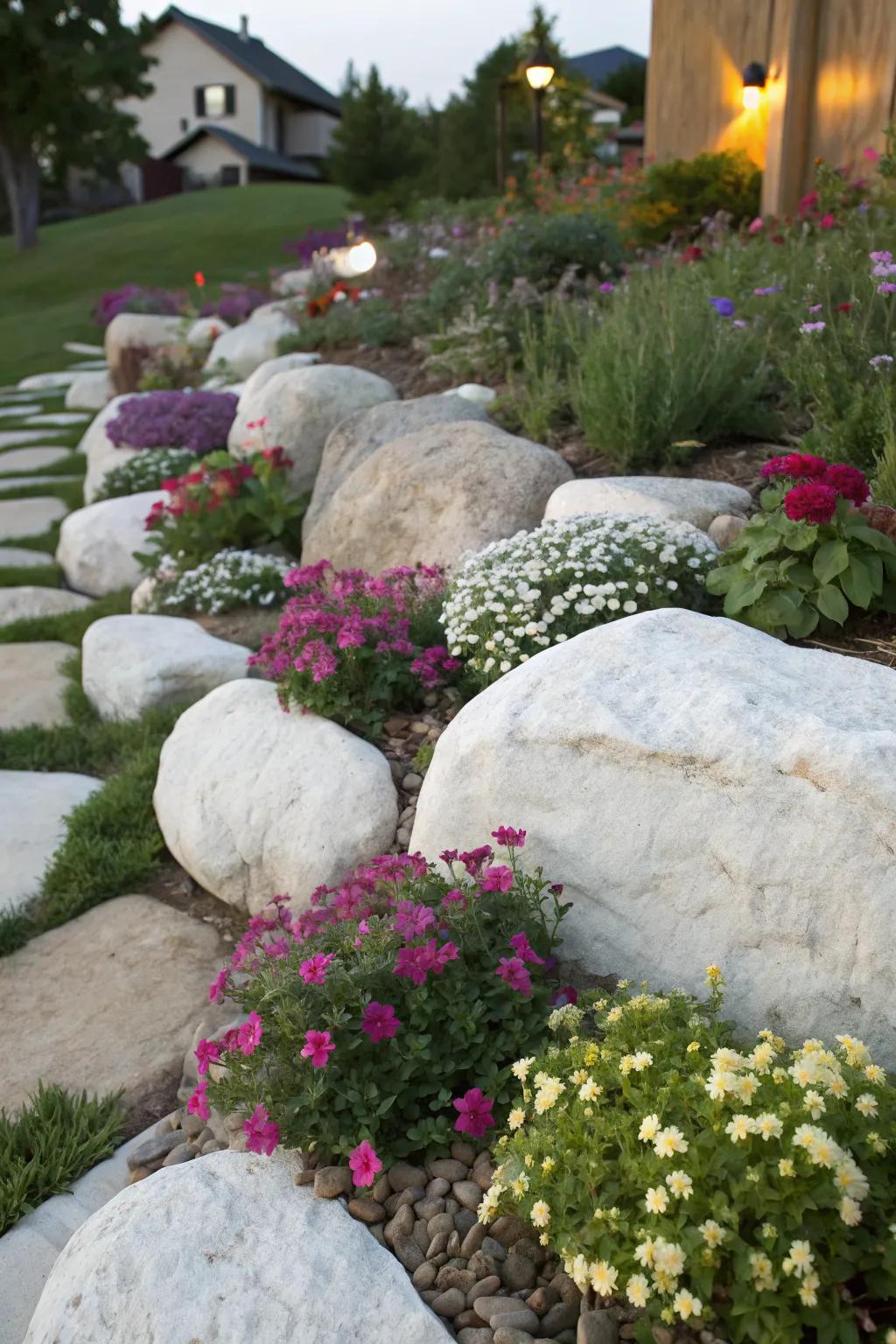 Large stones integrated with white rocks adding dimension.
