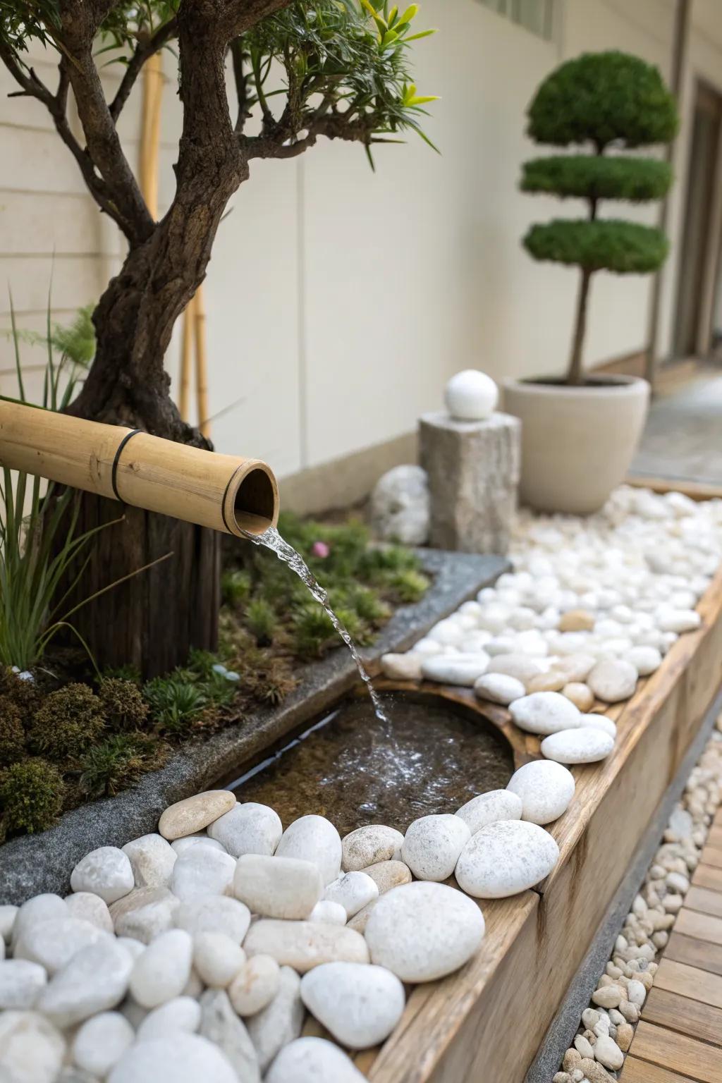 Create a serene Zen corner using white stones and minimalist decor.