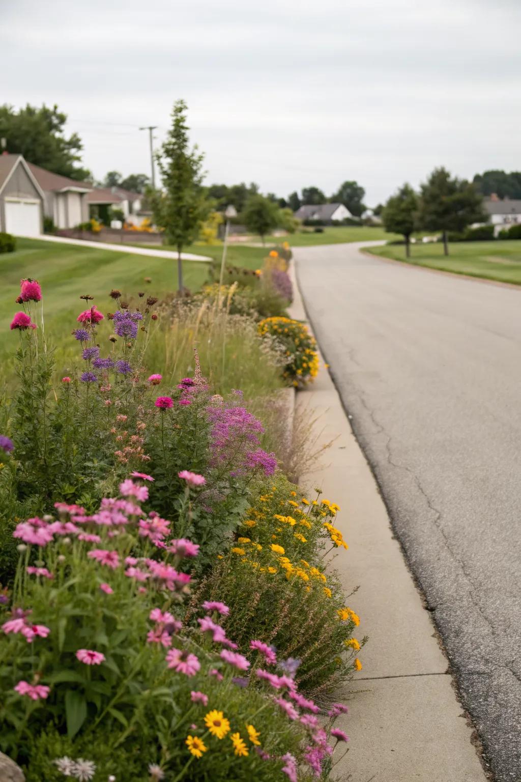 Wildflowers creating a stunning border along a driveway.