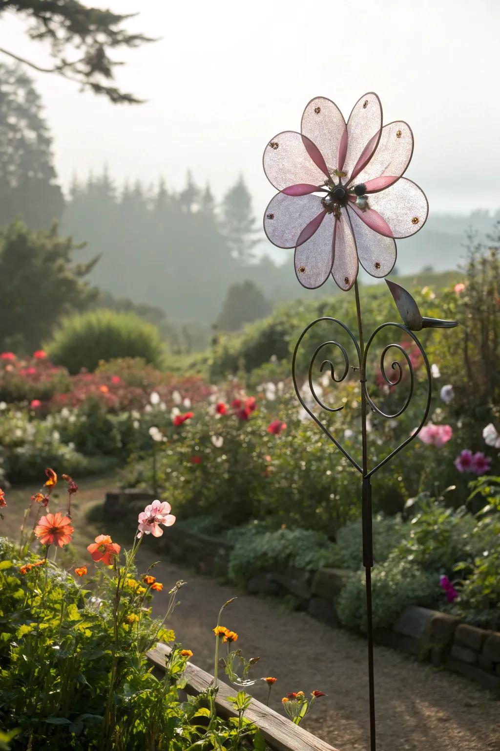 Flower-petal wind spinners blend seamlessly with garden blooms.
