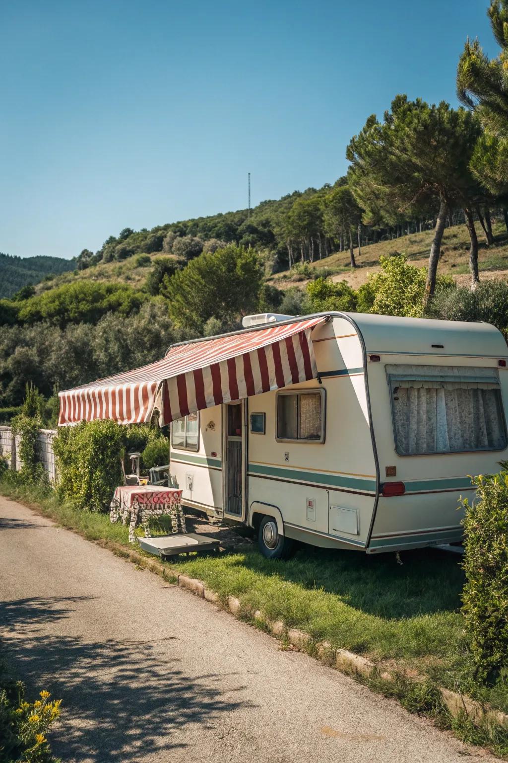 A vintage striped awning adding nostalgic charm to a mobile home.